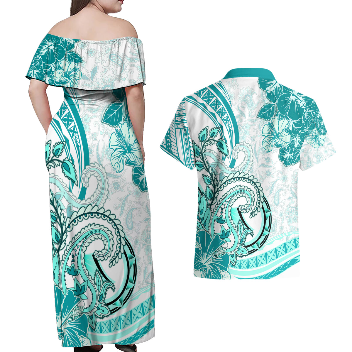 Polynesia Paisley Couples Matching Off Shoulder Maxi Dress and Hawaiian Shirt Mix Teal Polynesian Pattern LT05 - Polynesian Pride