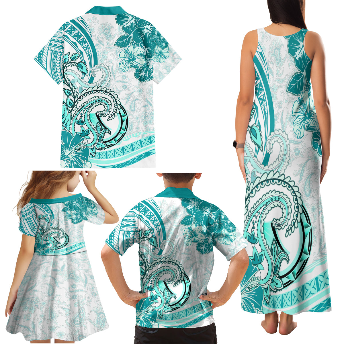 Polynesia Paisley Family Matching Tank Maxi Dress and Hawaiian Shirt Mix Teal Polynesian Pattern LT05 - Polynesian Pride