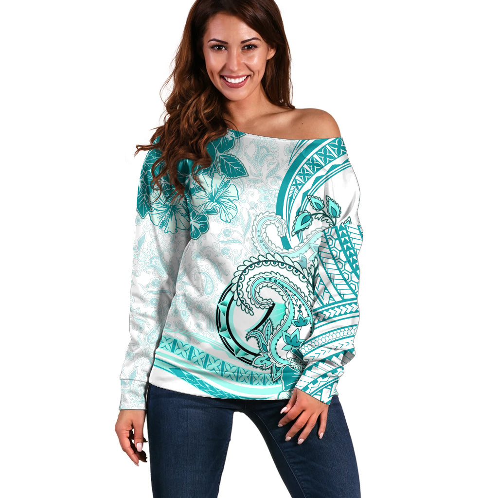 Polynesia Paisley Off Shoulder Sweater Mix Teal Polynesian Pattern LT05 Women Teal - Polynesian Pride