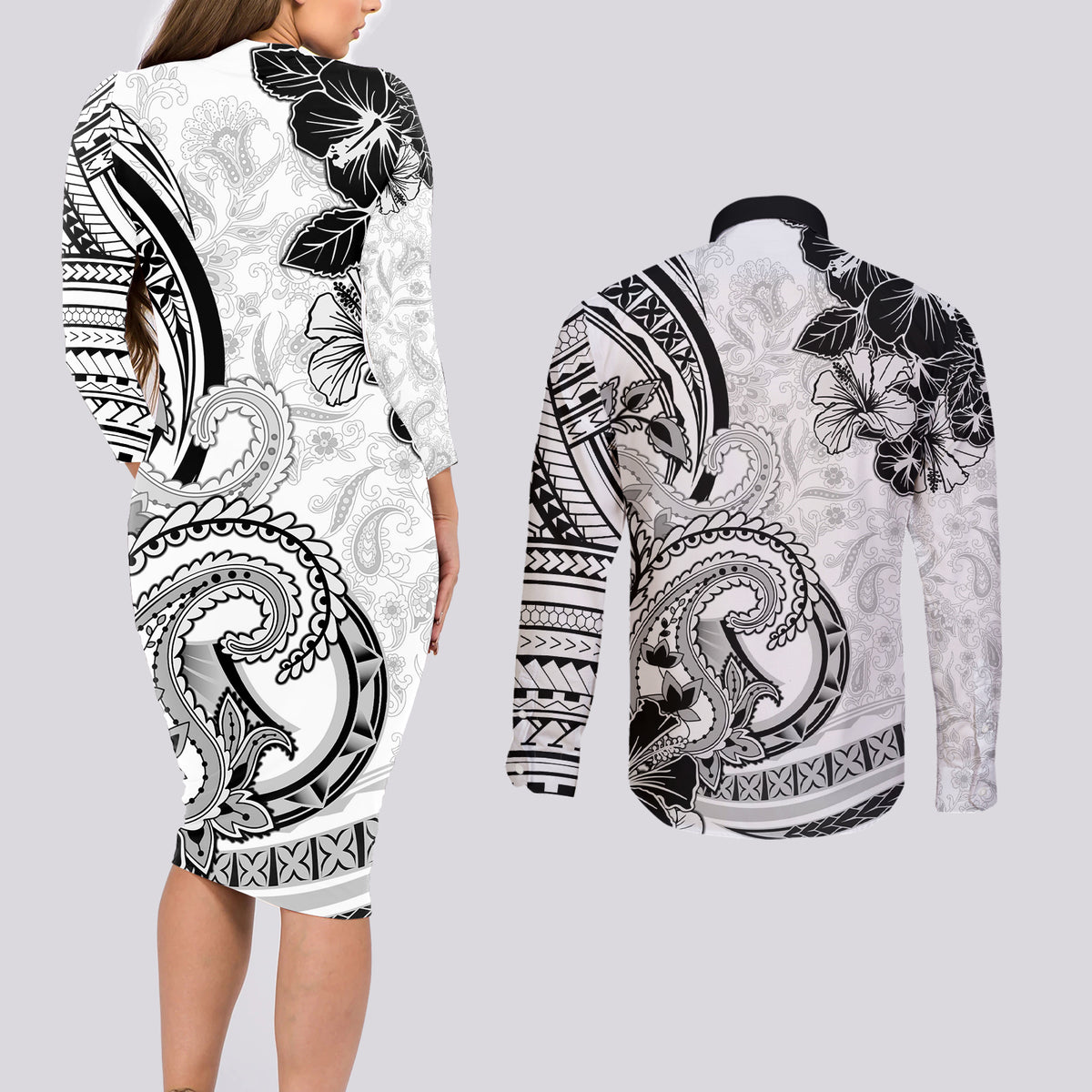 Polynesia Paisley Couples Matching Long Sleeve Bodycon Dress and Long Sleeve Button Shirt Mix White Polynesian Pattern LT05 - Polynesian Pride