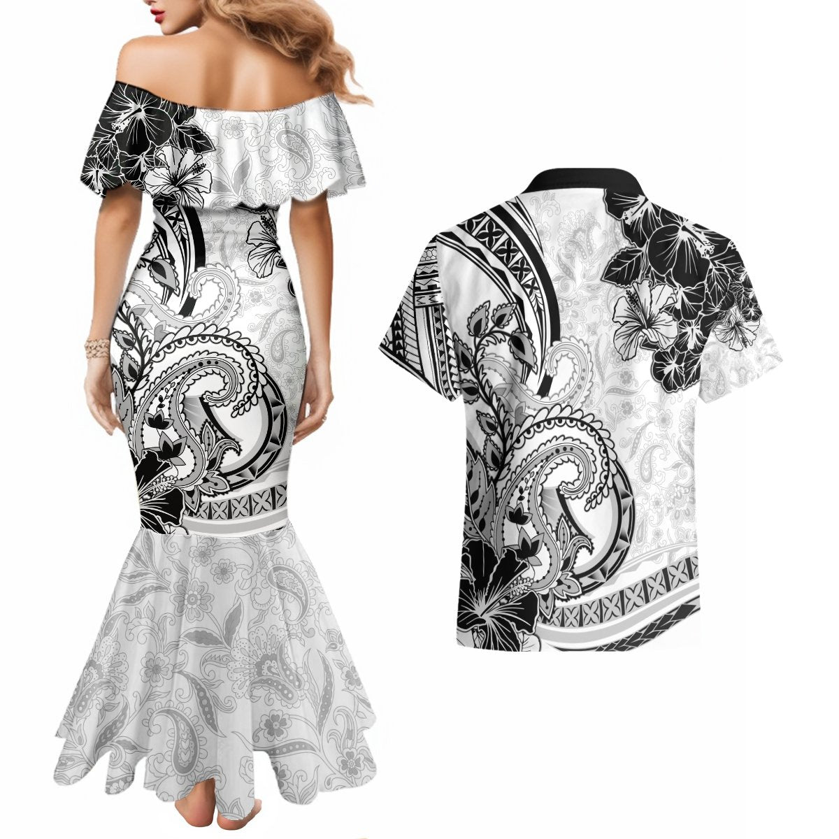 Polynesia Paisley Couples Matching Mermaid Dress and Hawaiian Shirt Mix White Polynesian Pattern LT05 - Polynesian Pride
