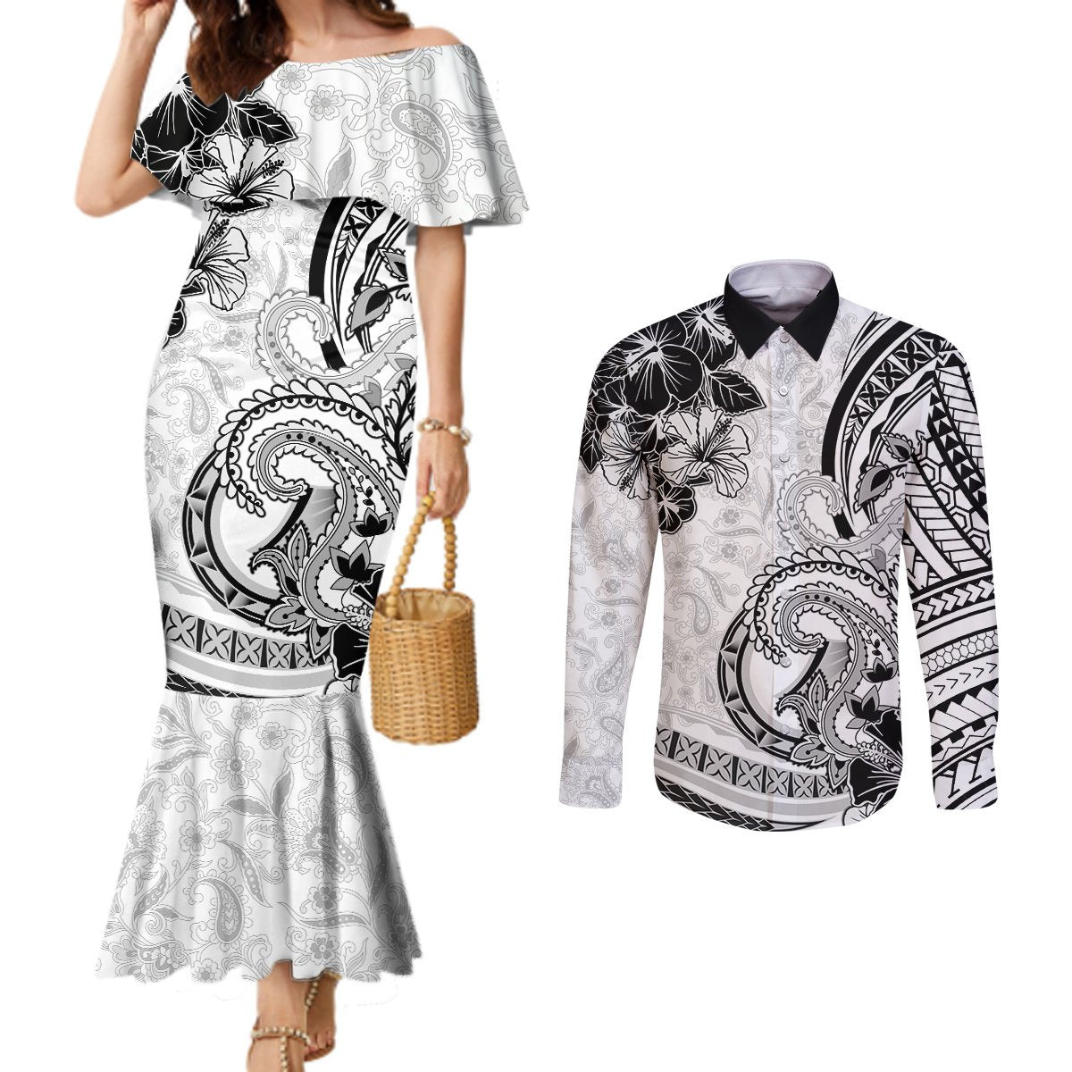 Polynesia Paisley Couples Matching Mermaid Dress and Long Sleeve Button Shirt Mix White Polynesian Pattern LT05 White - Polynesian Pride