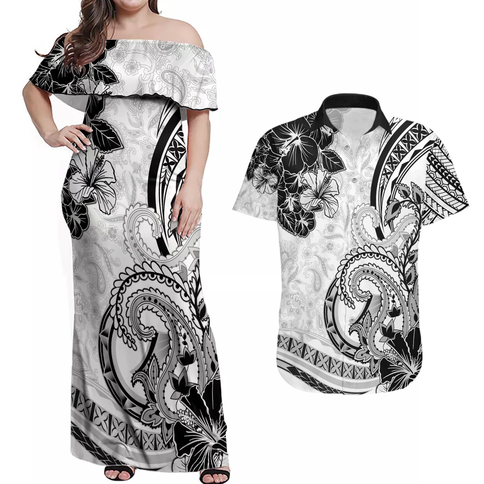 Polynesia Paisley Couples Matching Off Shoulder Maxi Dress and Hawaiian Shirt Mix White Polynesian Pattern LT05 White - Polynesian Pride