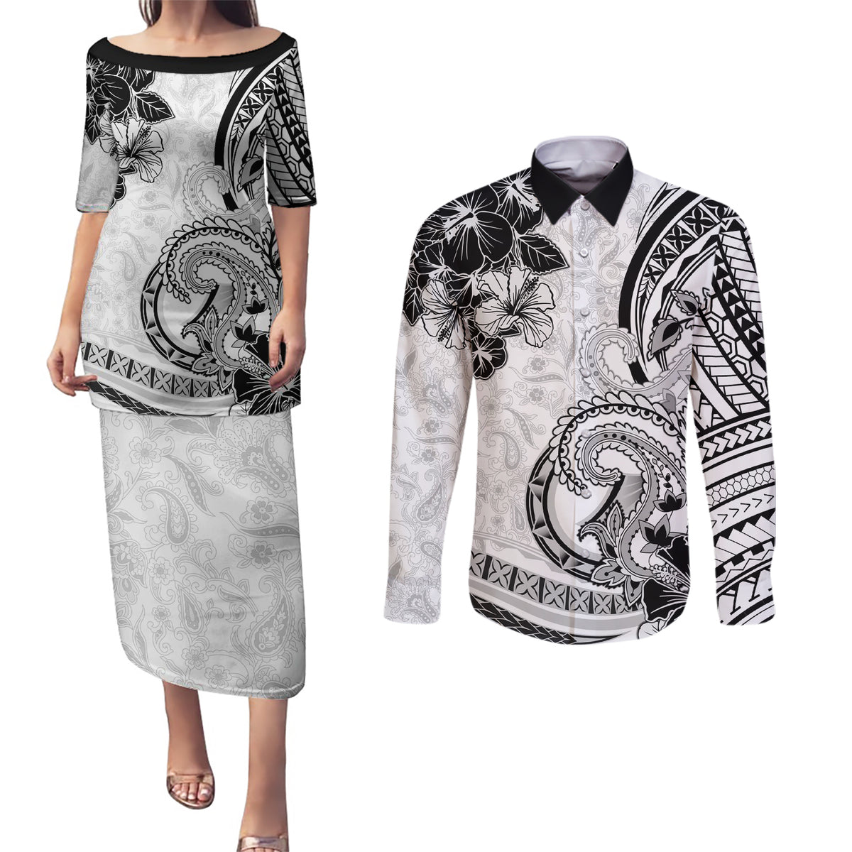 Polynesia Paisley Couples Matching Puletasi and Long Sleeve Button Shirt Mix White Polynesian Pattern LT05 White - Polynesian Pride