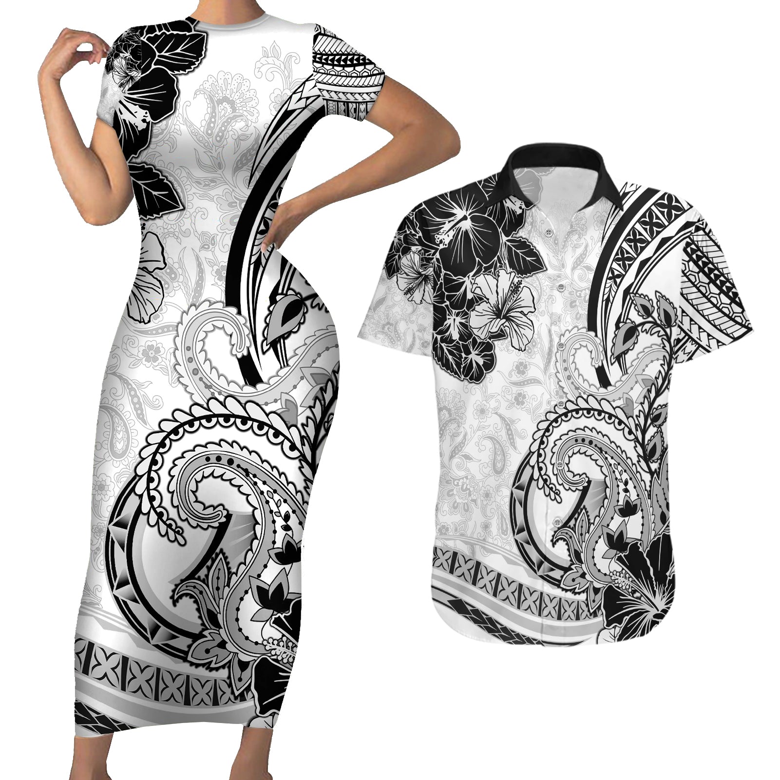 Polynesia Paisley Couples Matching Short Sleeve Bodycon Dress and Hawaiian Shirt Mix White Polynesian Pattern LT05 White - Polynesian Pride