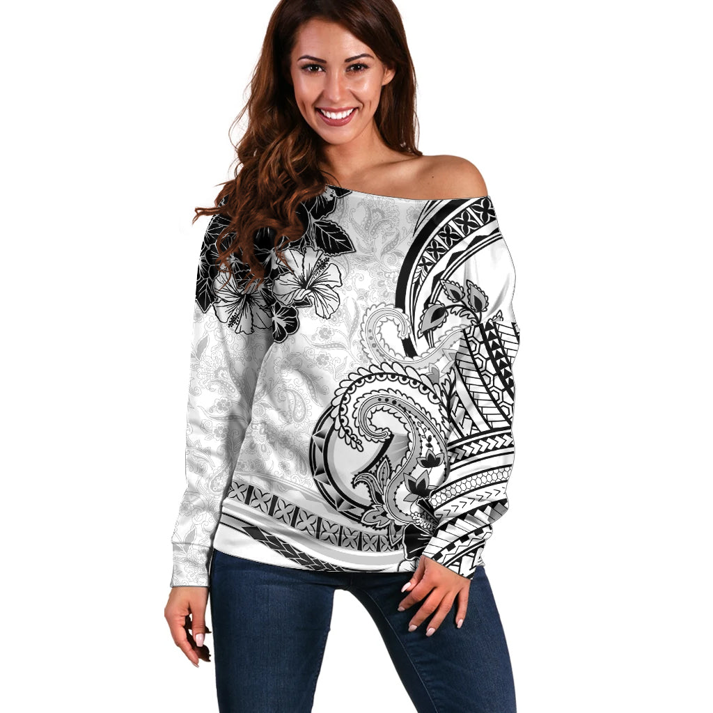 Polynesia Paisley Off Shoulder Sweater Mix White Polynesian Pattern LT05 Women White - Polynesian Pride