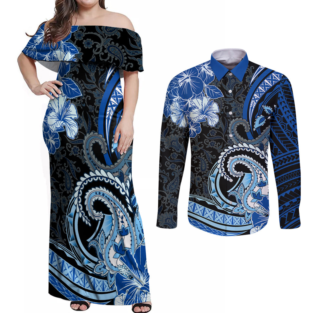 Polynesia Paisley Couples Matching Off Shoulder Maxi Dress and Long Sleeve Button Shirt Mix Blue Polynesian Pattern LT05 Blue - Polynesian Pride
