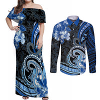 Polynesia Paisley Couples Matching Off Shoulder Maxi Dress and Long Sleeve Button Shirt Mix Blue Polynesian Pattern LT05 Blue - Polynesian Pride