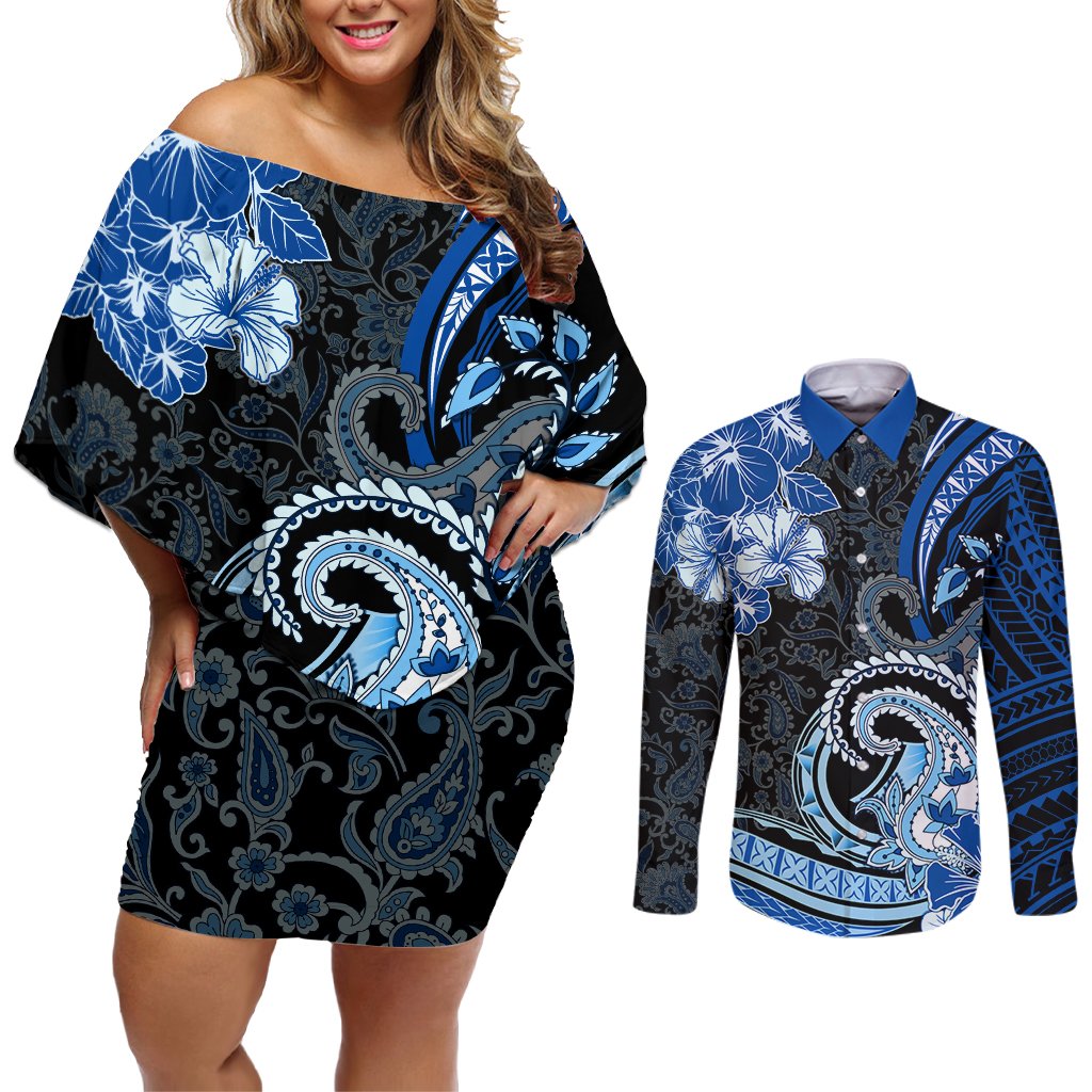 Polynesia Paisley Couples Matching Off Shoulder Short Dress and Long Sleeve Button Shirt Mix Blue Polynesian Pattern LT05 Blue - Polynesian Pride