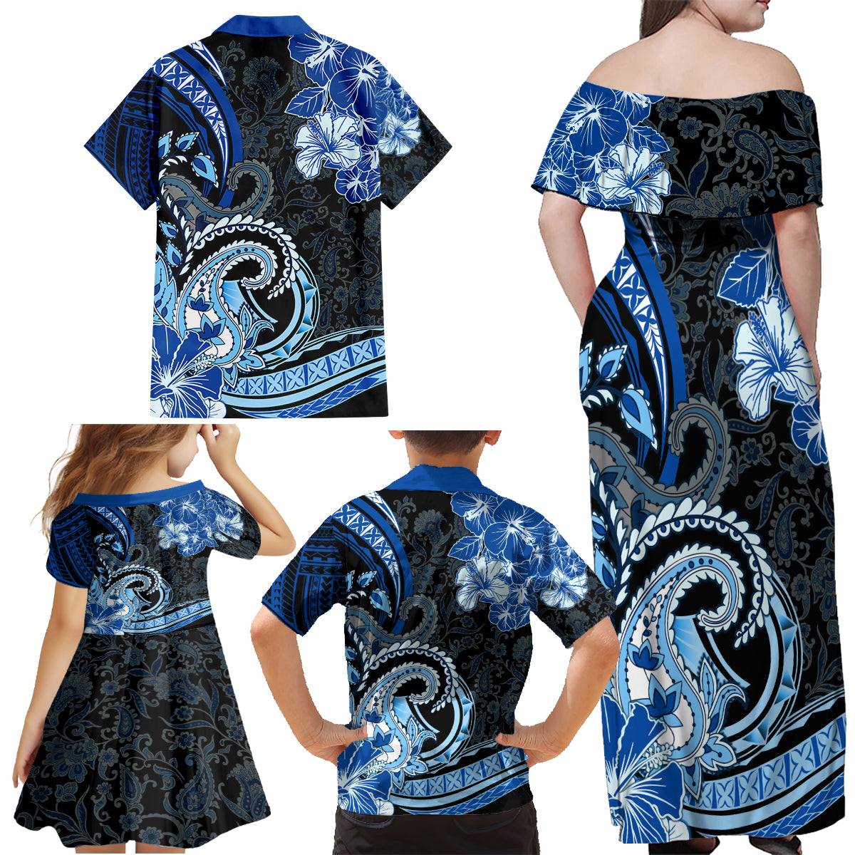 Polynesia Paisley Family Matching Off Shoulder Maxi Dress and Hawaiian Shirt Mix Blue Polynesian Pattern LT05 - Polynesian Pride
