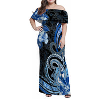 Polynesia Paisley Family Matching Off Shoulder Maxi Dress and Hawaiian Shirt Mix Blue Polynesian Pattern LT05 Mom's Dress Blue - Polynesian Pride