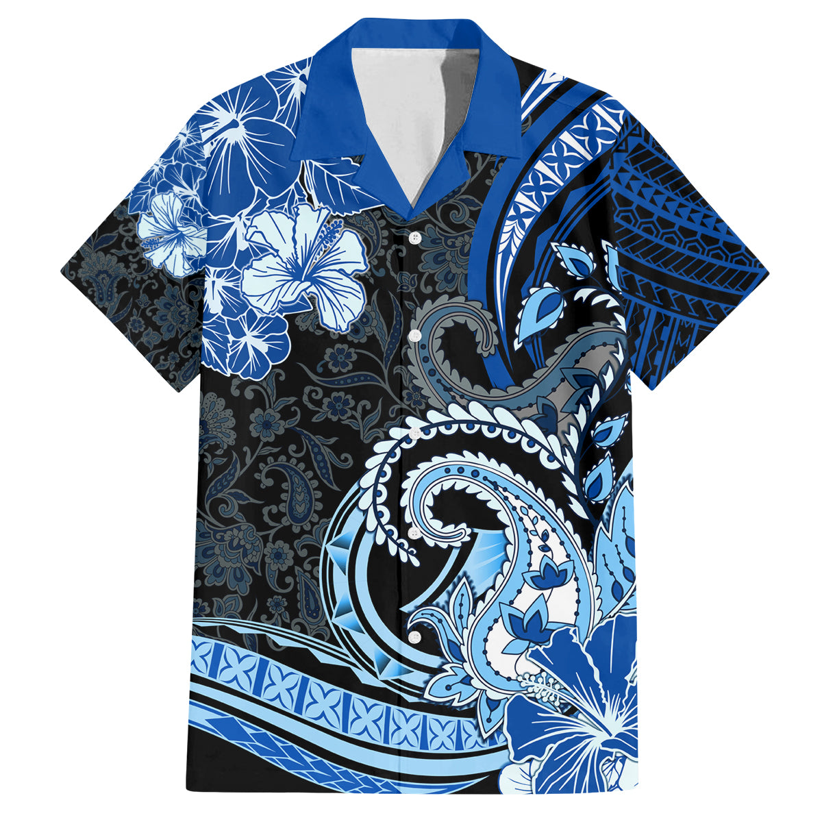 Polynesia Paisley Family Matching Off Shoulder Short Dress and Hawaiian Shirt Mix Blue Polynesian Pattern LT05 Dad's Shirt - Short Sleeve Blue - Polynesian Pride
