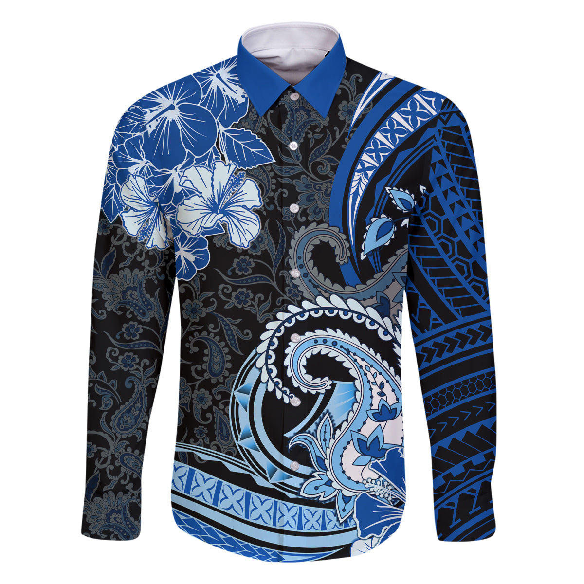 Polynesia Paisley Family Matching Tank Maxi Dress and Hawaiian Shirt Mix Blue Polynesian Pattern LT05 Dad's Shirt - Long Sleeve Blue - Polynesian Pride