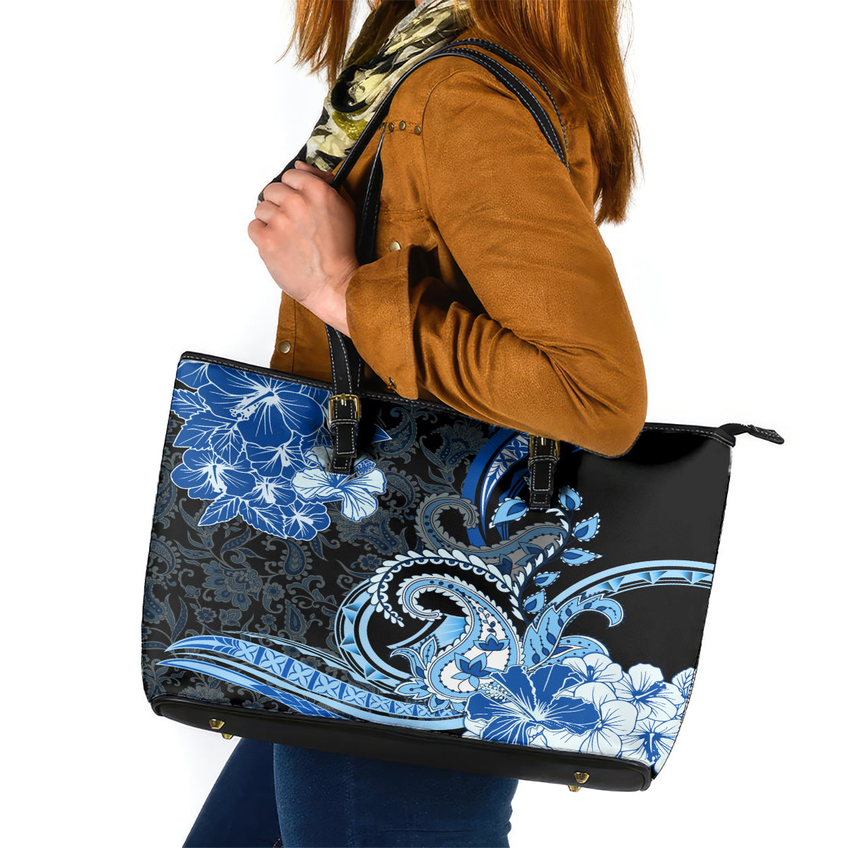 Polynesia Paisley Leather Tote Bag Mix Blue Polynesian Pattern