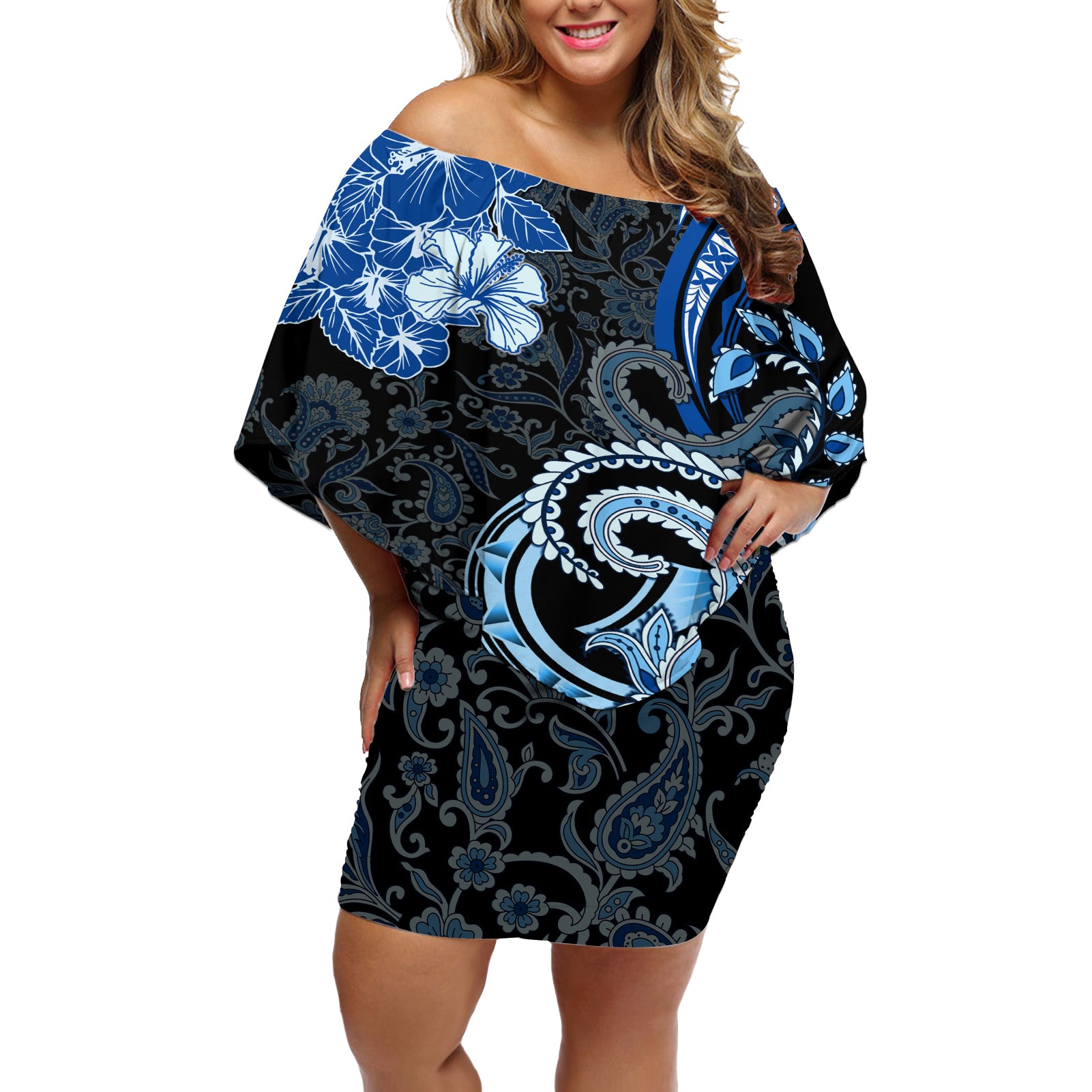 Polynesia Paisley Off Shoulder Short Dress Mix Blue Polynesian Pattern LT05 Women Blue - Polynesian Pride