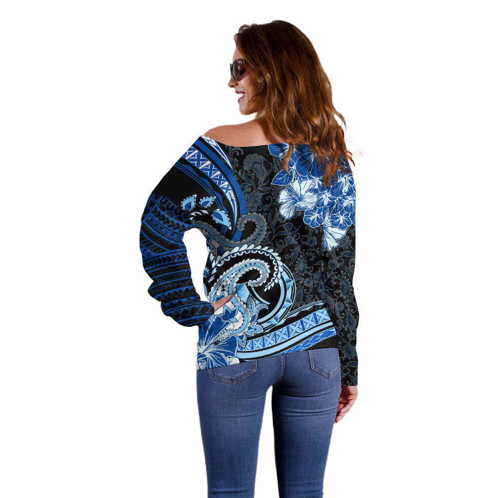 Polynesia Paisley Off Shoulder Sweater Mix Blue Polynesian Pattern LT05 - Polynesian Pride