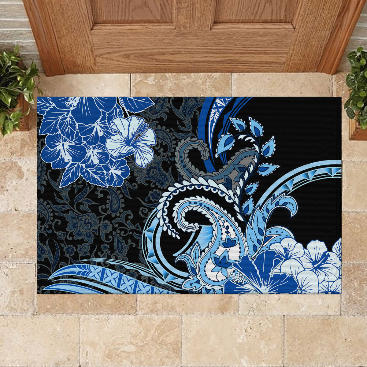 Polynesia Paisley Rubber Doormat Mix Blue Polynesian Pattern