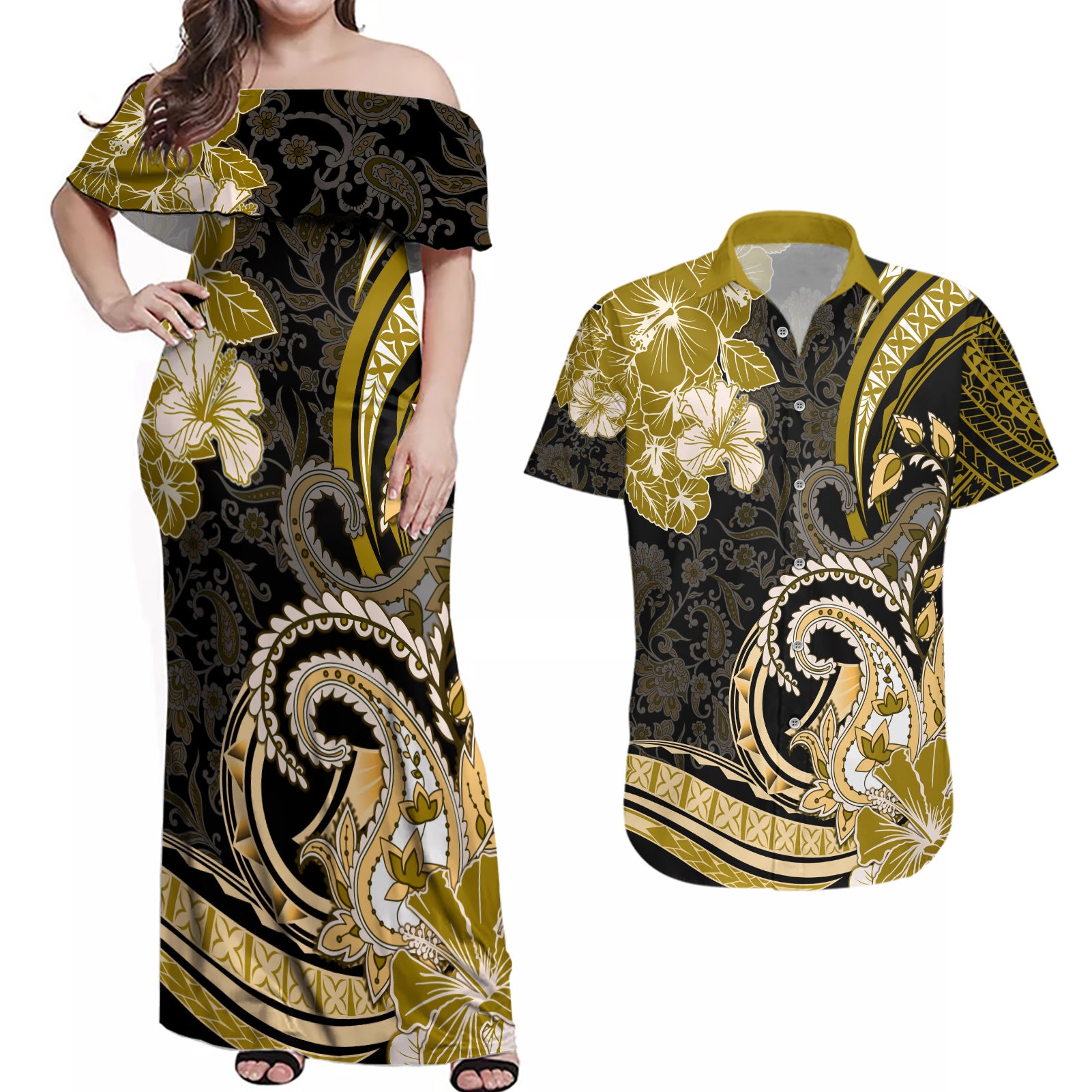 Polynesia Paisley Couples Matching Off Shoulder Maxi Dress and Hawaiian Shirt Mix Gold Polynesian Pattern LT05 Gold - Polynesian Pride