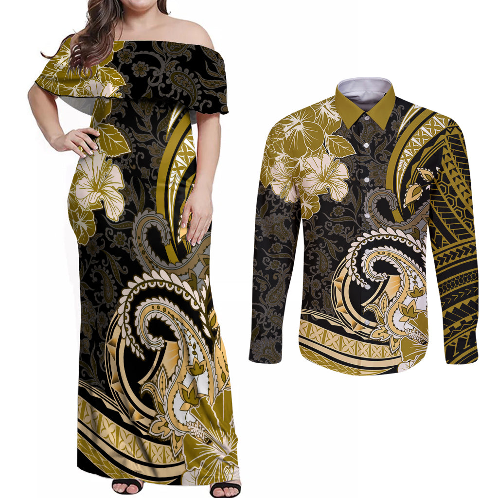 Polynesia Paisley Couples Matching Off Shoulder Maxi Dress and Long Sleeve Button Shirt Mix Gold Polynesian Pattern LT05 Gold - Polynesian Pride