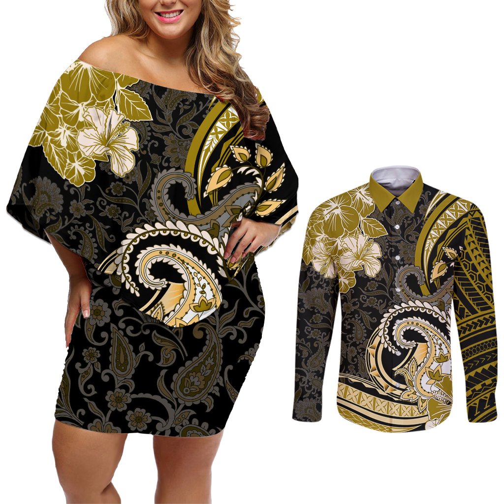 Polynesia Paisley Couples Matching Off Shoulder Short Dress and Long Sleeve Button Shirt Mix Gold Polynesian Pattern LT05 Gold - Polynesian Pride
