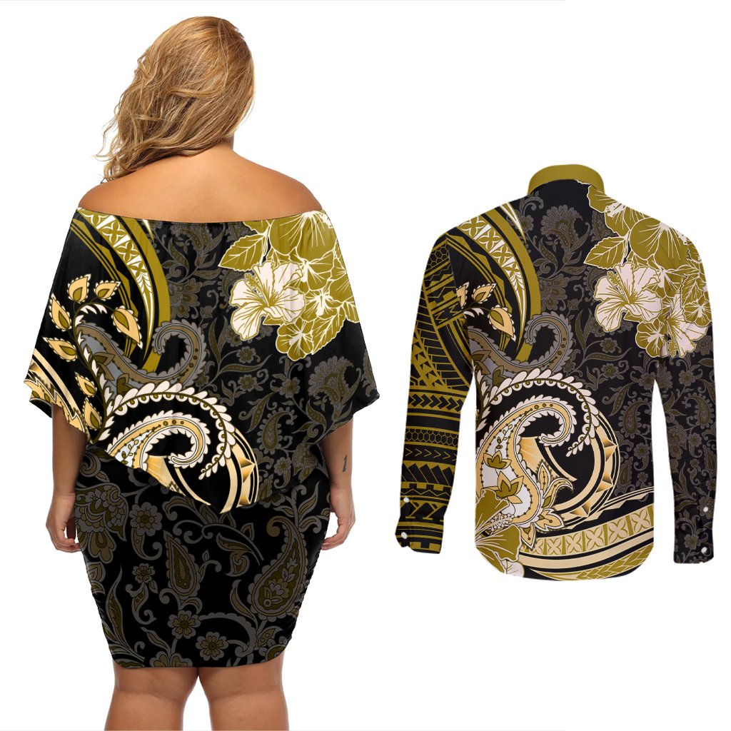 Polynesia Paisley Couples Matching Off Shoulder Short Dress and Long Sleeve Button Shirt Mix Gold Polynesian Pattern LT05 - Polynesian Pride