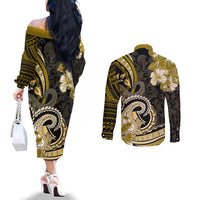 Polynesia Paisley Couples Matching Off The Shoulder Long Sleeve Dress and Long Sleeve Button Shirt Mix Gold Polynesian Pattern LT05 - Polynesian Pride