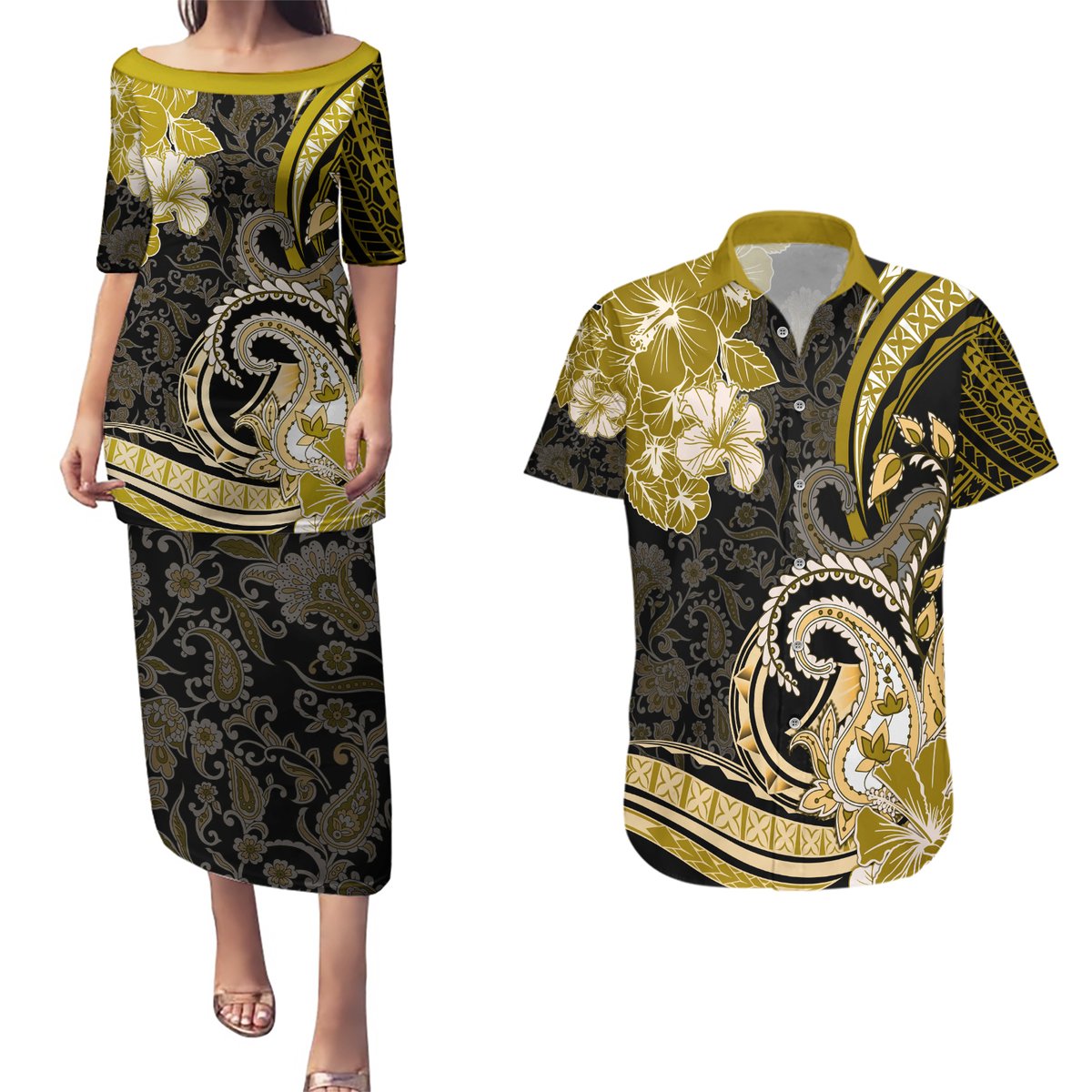 Polynesia Paisley Couples Matching Puletasi and Hawaiian Shirt Mix Gold Polynesian Pattern LT05 Gold - Polynesian Pride