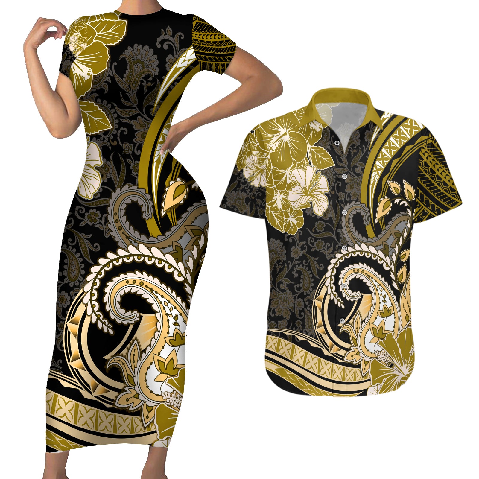 Polynesia Paisley Couples Matching Short Sleeve Bodycon Dress and Hawaiian Shirt Mix Gold Polynesian Pattern LT05 Gold - Polynesian Pride