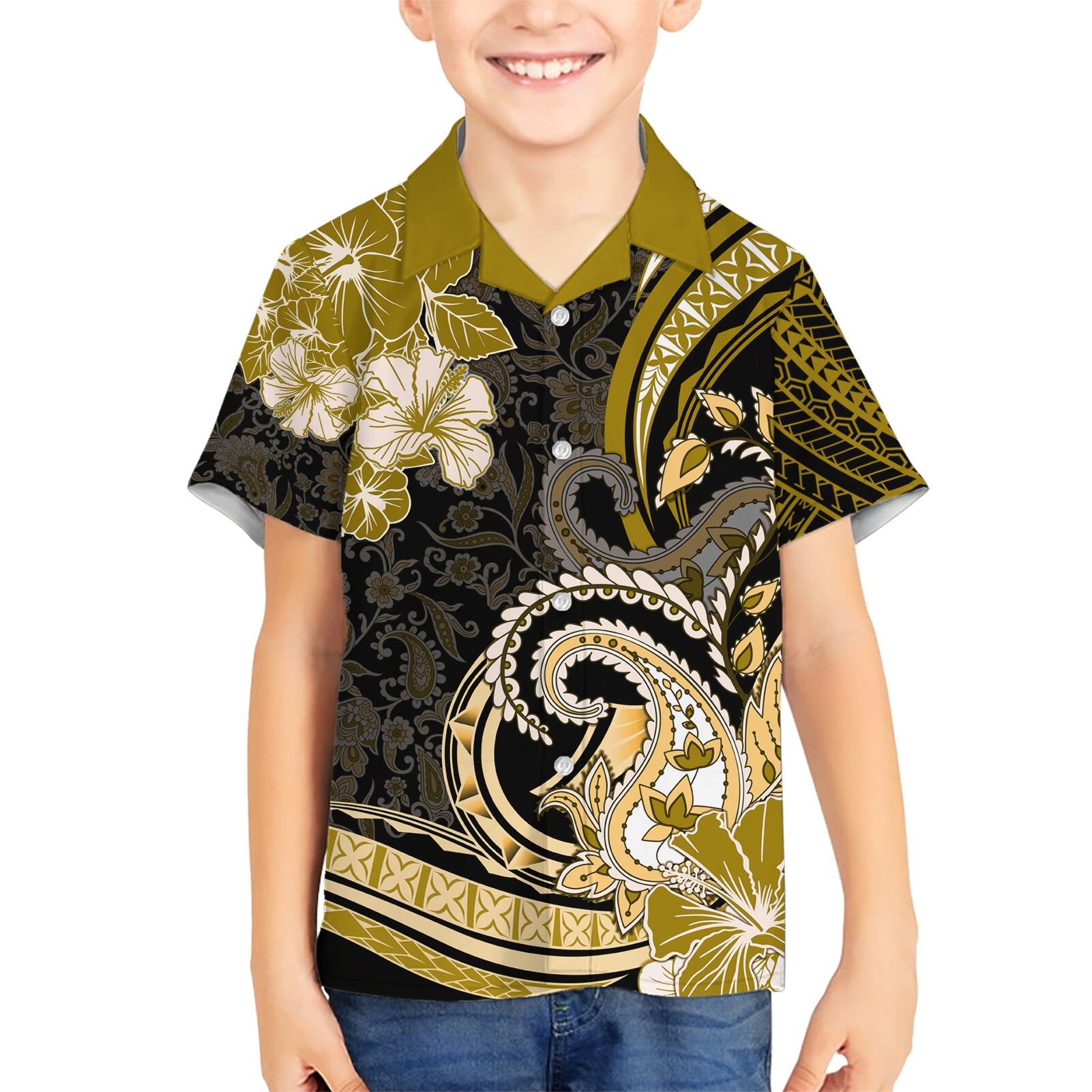 Polynesia Paisley Kid Hawaiian Shirt Mix Gold Polynesian Pattern LT05 Kid Gold - Polynesian Pride