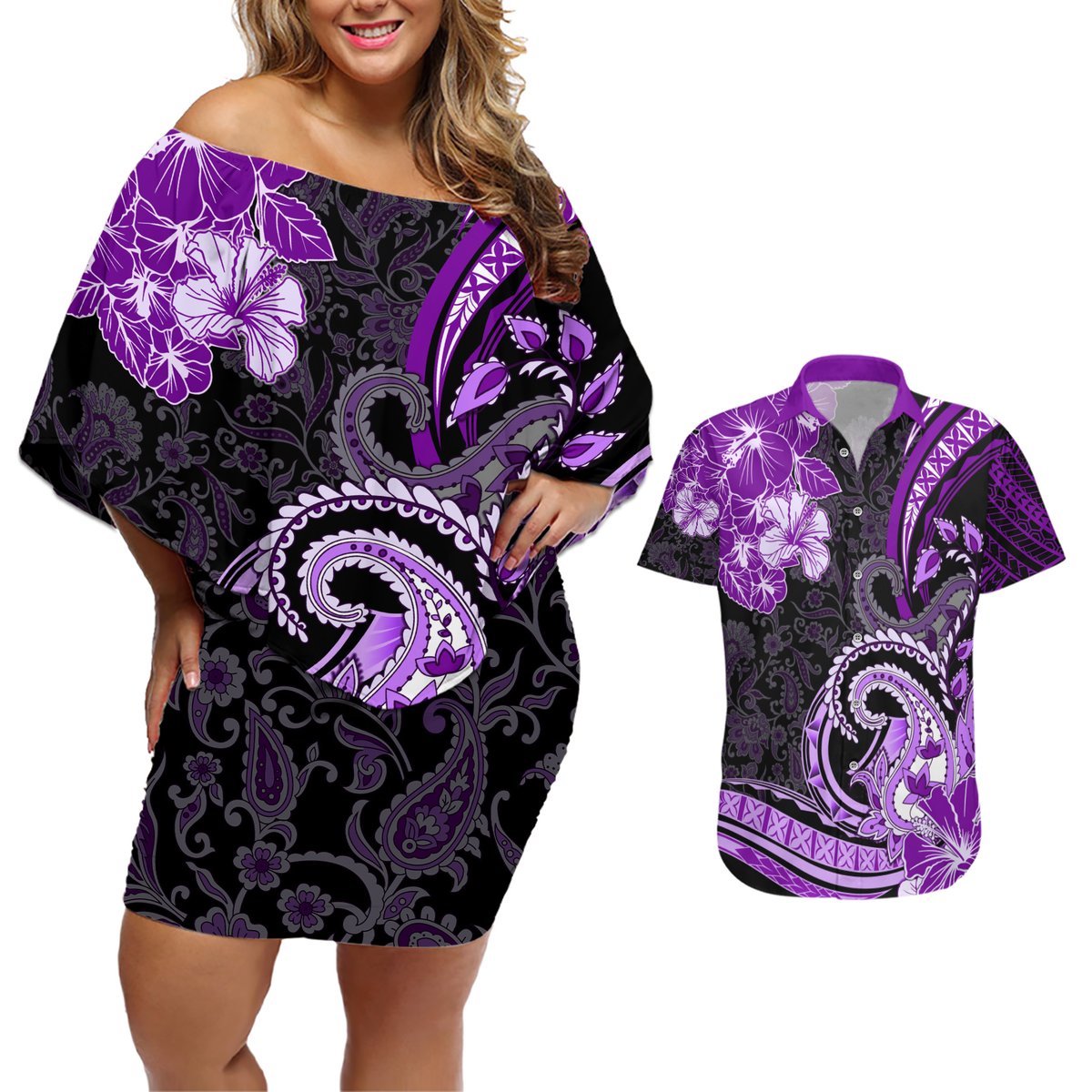 Polynesia Paisley Couples Matching Off Shoulder Short Dress and Hawaiian Shirt Mix Purple Polynesian Pattern LT05 Purple - Polynesian Pride