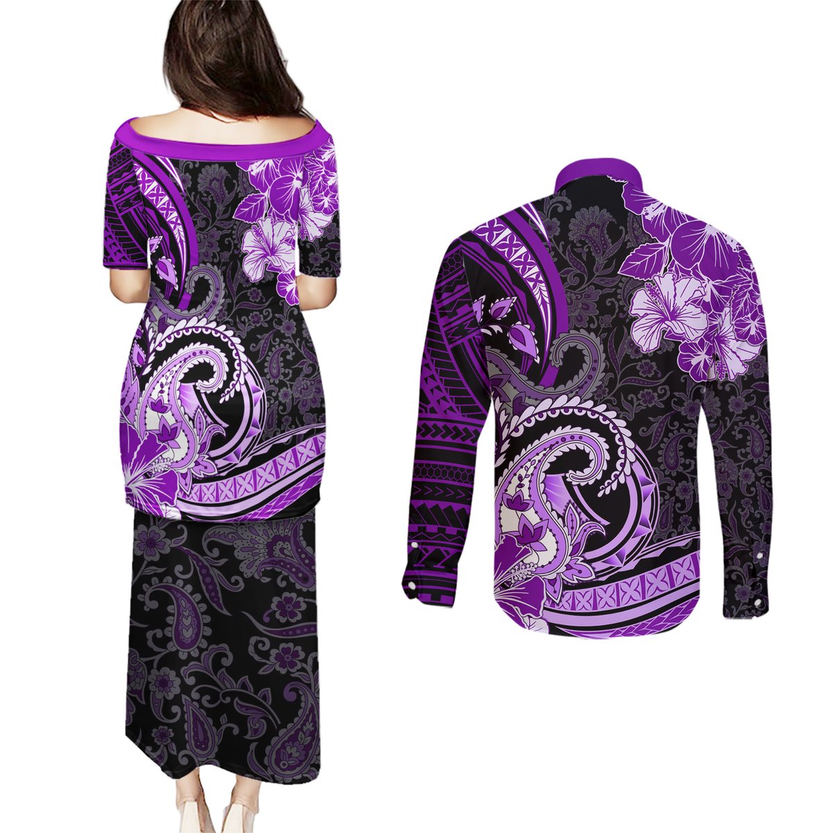Polynesia Paisley Couples Matching Puletasi and Long Sleeve Button Shirt Mix Purple Polynesian Pattern LT05 - Polynesian Pride