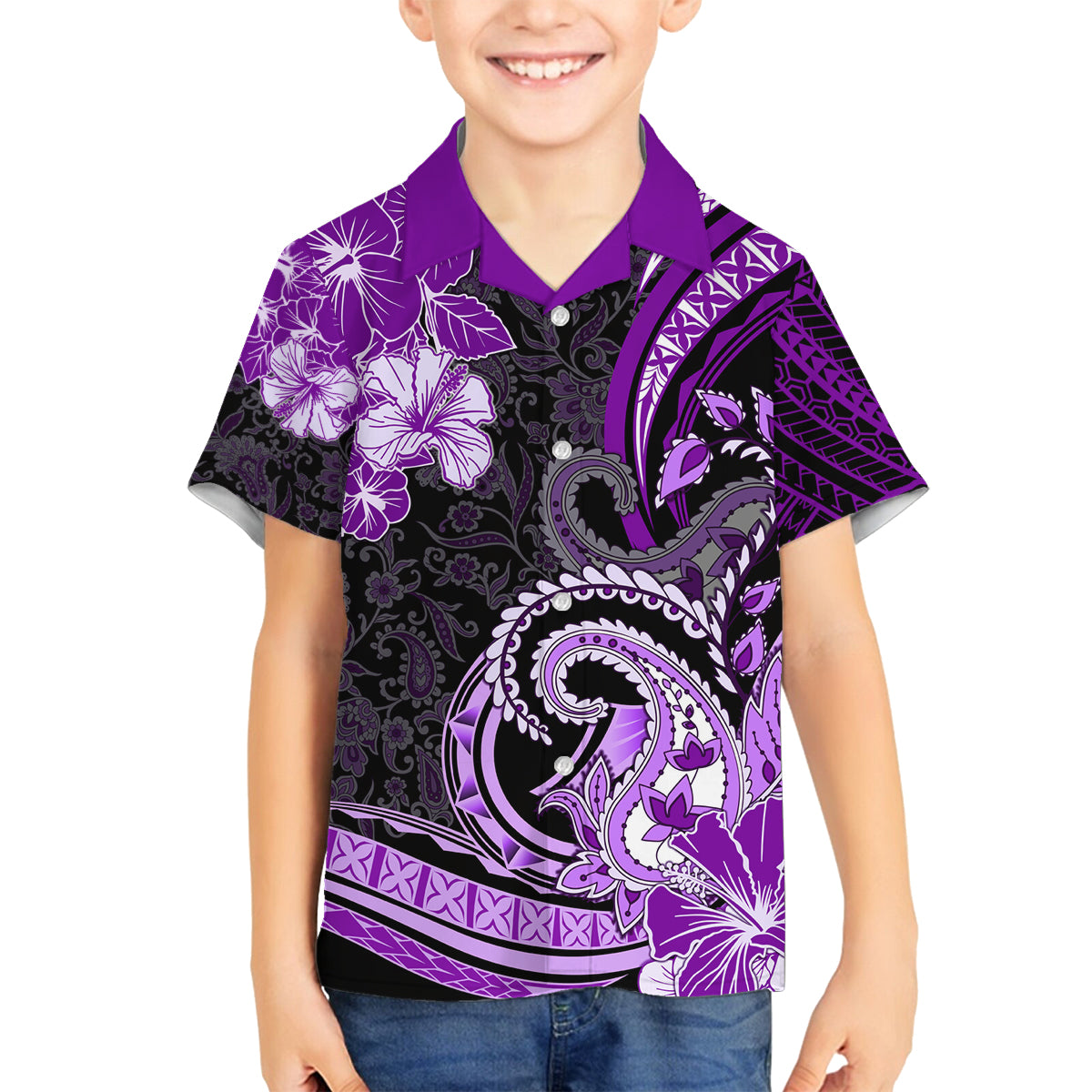 Polynesia Paisley Family Matching Off Shoulder Short Dress and Hawaiian Shirt Mix Purple Polynesian Pattern LT05 Son's Shirt Purple - Polynesian Pride