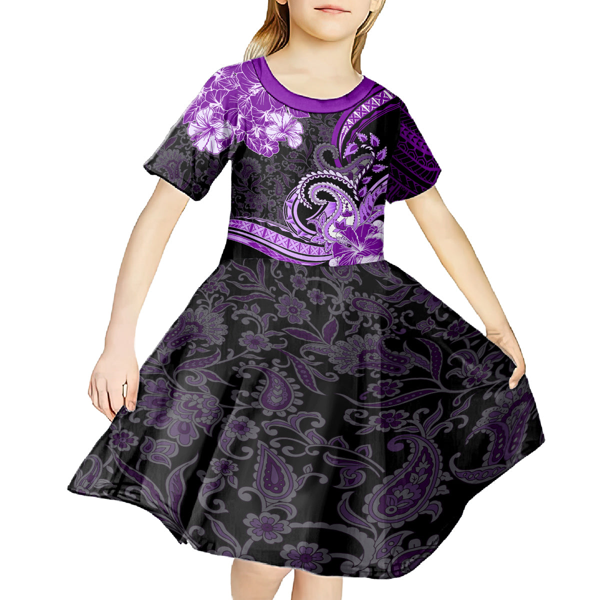 Polynesia Paisley Kid Short Sleeve Dress Mix Purple Polynesian Pattern LT05 - Polynesian Pride