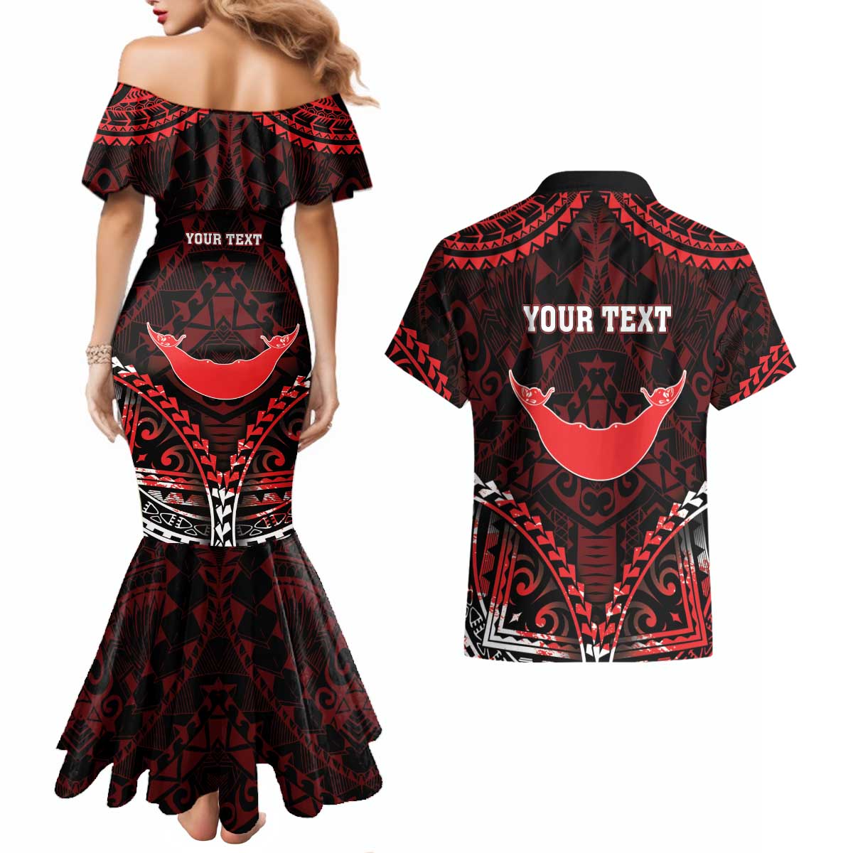 Personalised Easter Island Couples Matching Mermaid Dress and Hawaiian Shirt Polynesian Pattern Emblem