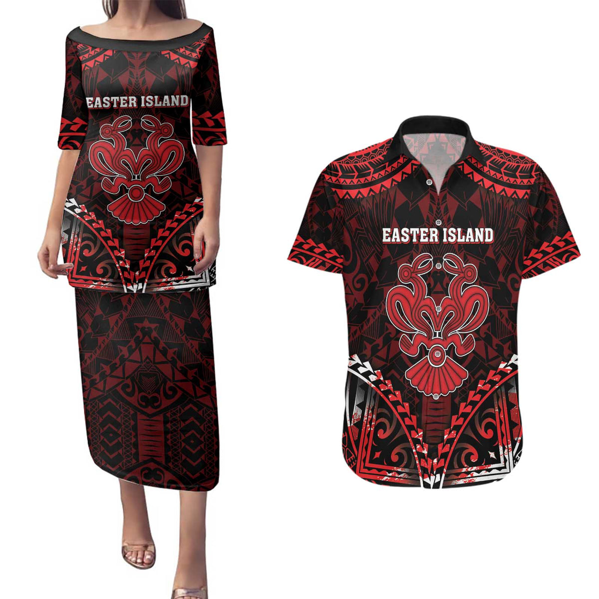 Personalised Easter Island Couples Matching Puletasi and Hawaiian Shirt Polynesian Pattern Emblem