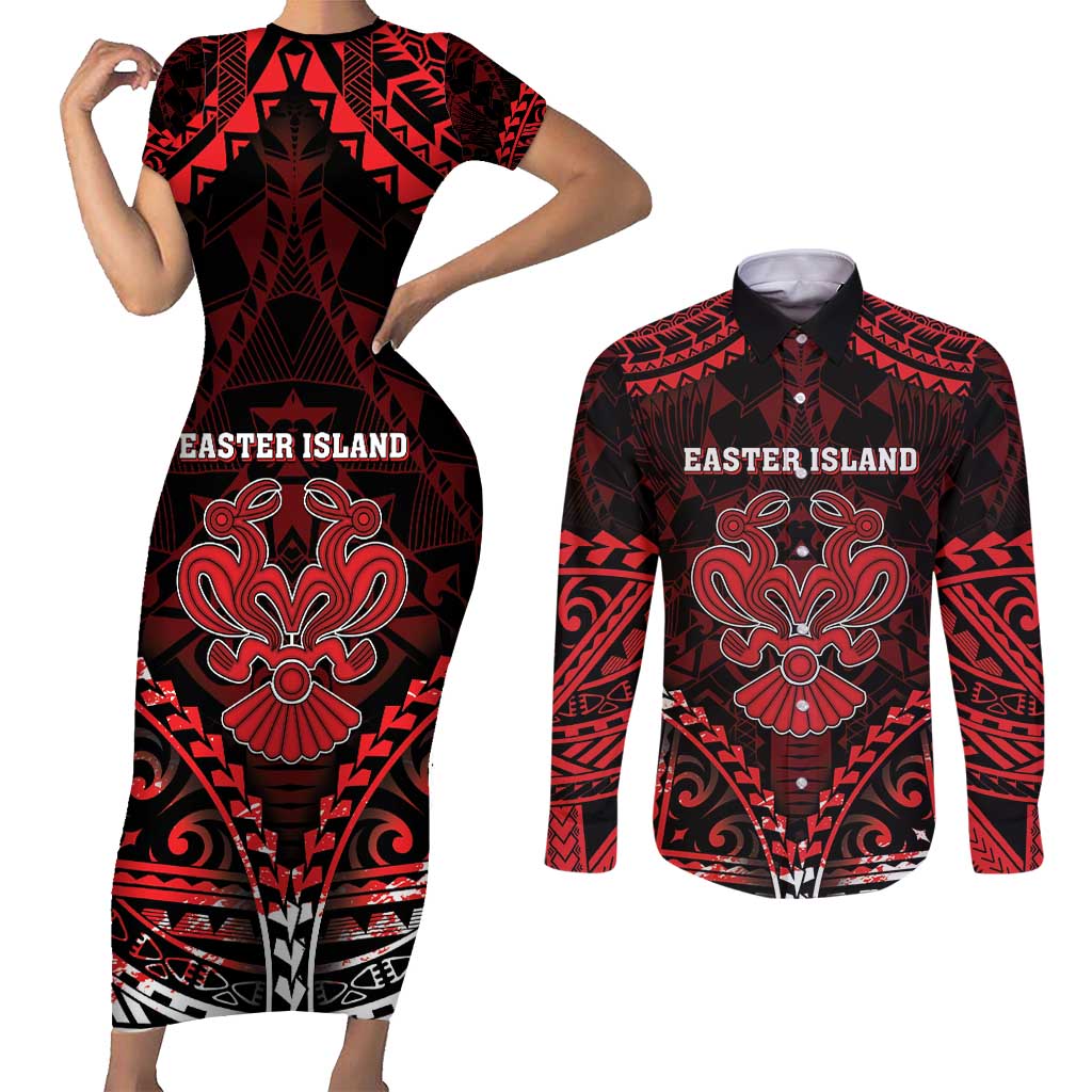 Personalised Easter Island Couples Matching Short Sleeve Bodycon Dress and Long Sleeve Button Shirt Polynesian Pattern Emblem