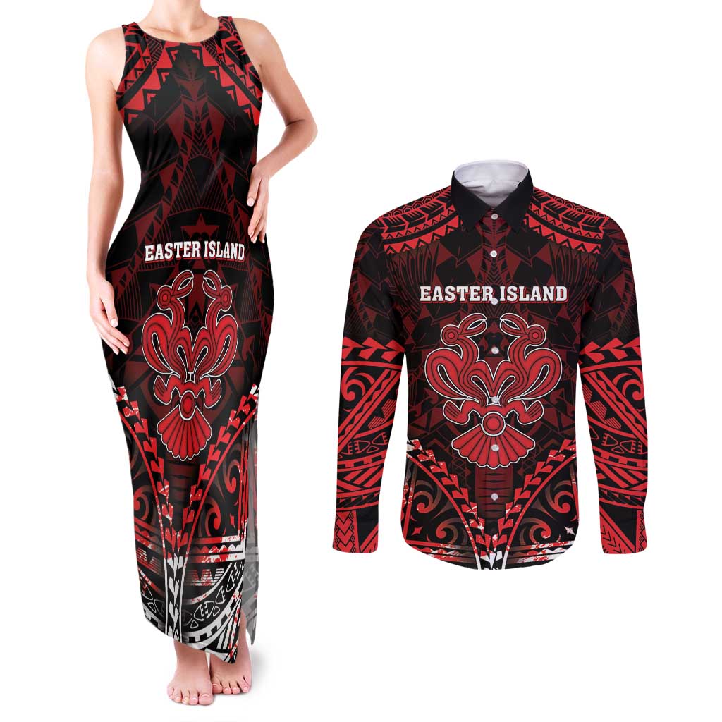 Personalised Easter Island Couples Matching Tank Maxi Dress and Long Sleeve Button Shirt Polynesian Pattern Emblem