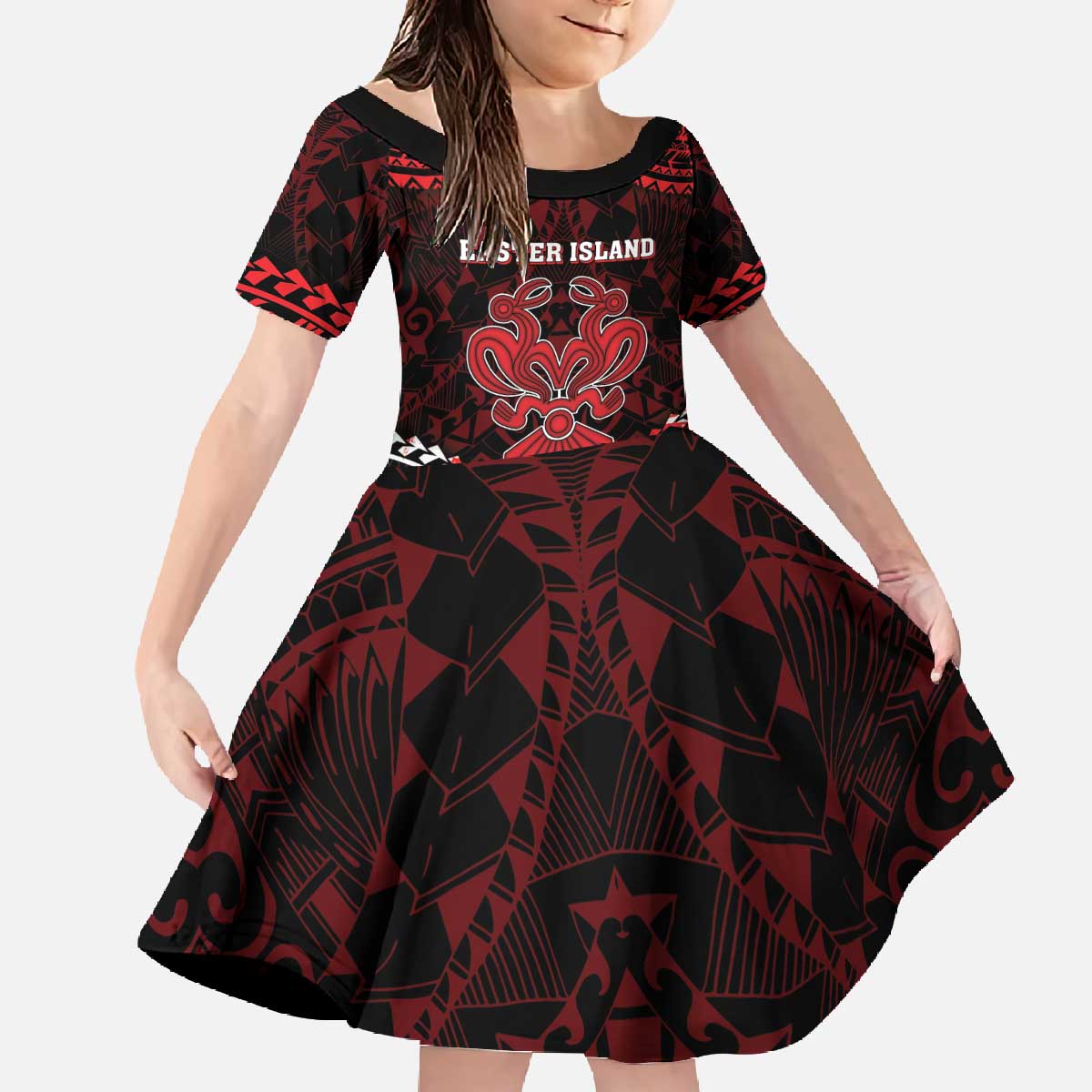 Personalised Easter Island Family Matching Off The Shoulder Long Sleeve Dress and Hawaiian Shirt Polynesian Pattern Emblem LT05 Daughter's Dress Black - Polynesian Pride