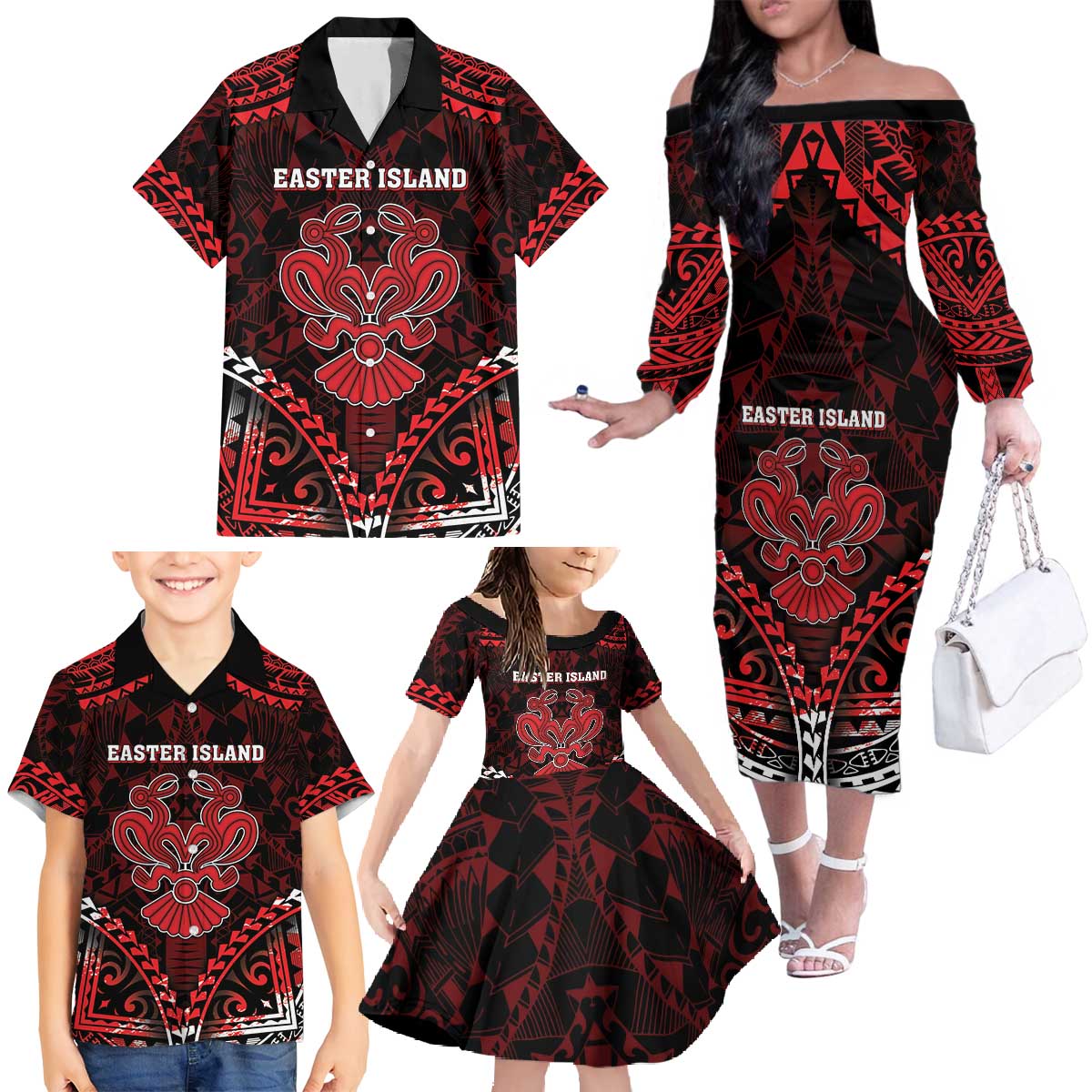 Personalised Easter Island Family Matching Off The Shoulder Long Sleeve Dress and Hawaiian Shirt Polynesian Pattern Emblem LT05 - Polynesian Pride