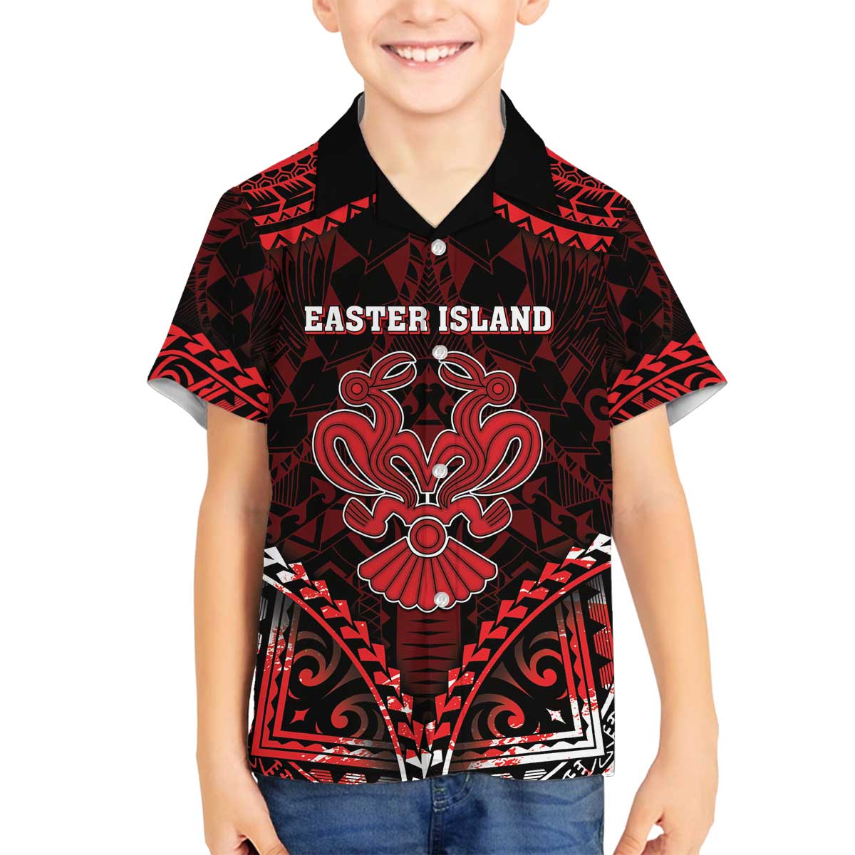 Personalised Easter Island Family Matching Off The Shoulder Long Sleeve Dress and Hawaiian Shirt Polynesian Pattern Emblem LT05 Son's Shirt Black - Polynesian Pride