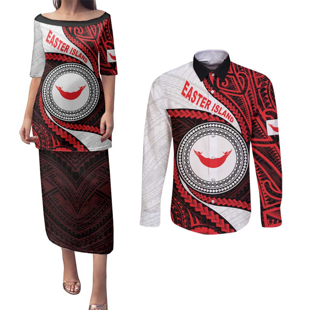 Easter Island Couples Matching Puletasi and Long Sleeve Button Shirt Moai Statues Polynesian Style