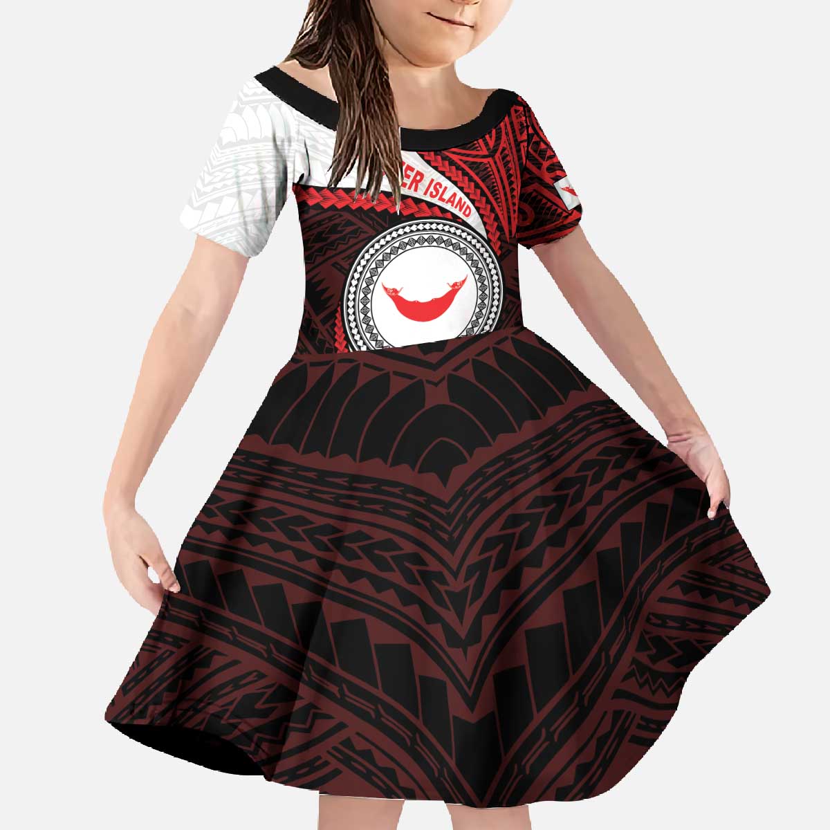 Easter Island Family Matching Off The Shoulder Long Sleeve Dress and Hawaiian Shirt Moai Statues Polynesian Style LT05 Daughter's Dress Red - Polynesian Pride
