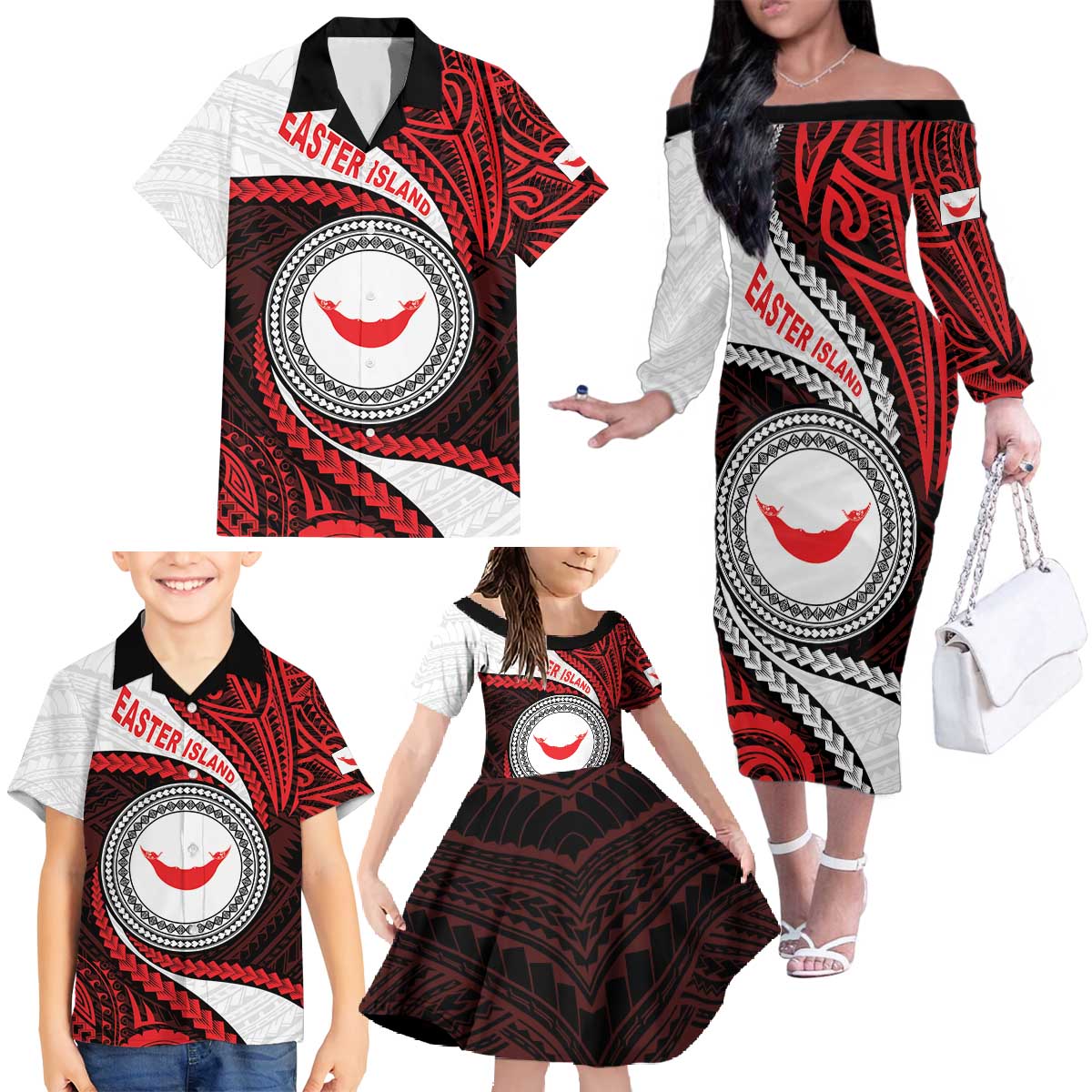 Easter Island Family Matching Off The Shoulder Long Sleeve Dress and Hawaiian Shirt Moai Statues Polynesian Style LT05 - Polynesian Pride