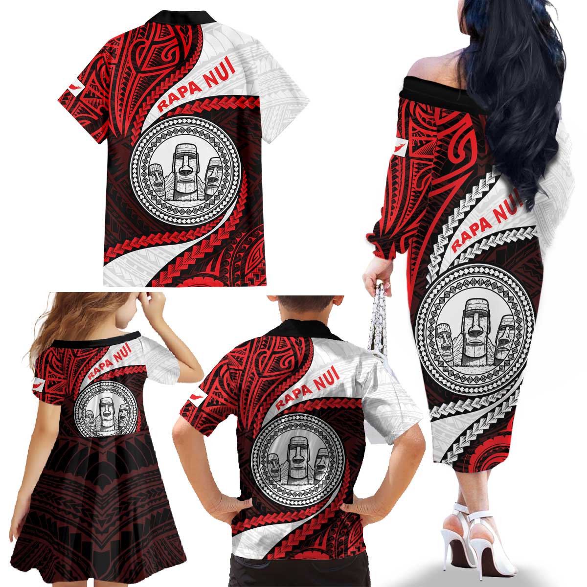 Easter Island Family Matching Off The Shoulder Long Sleeve Dress and Hawaiian Shirt Moai Statues Polynesian Style LT05 - Polynesian Pride