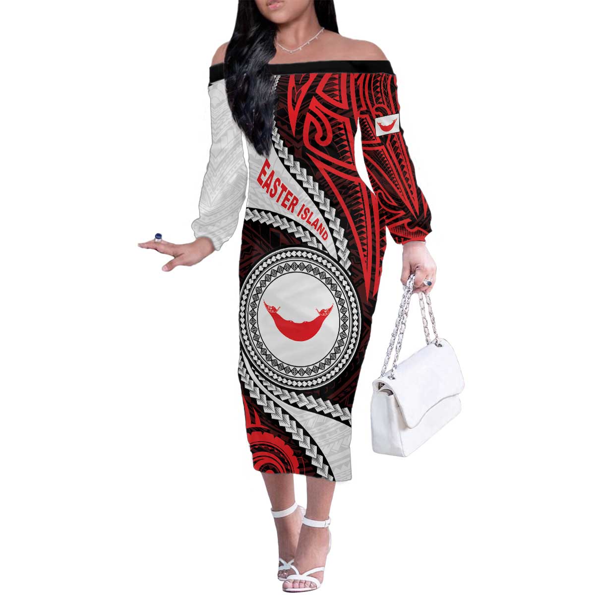 Easter Island Family Matching Off The Shoulder Long Sleeve Dress and Hawaiian Shirt Moai Statues Polynesian Style LT05 Mom's Dress Red - Polynesian Pride