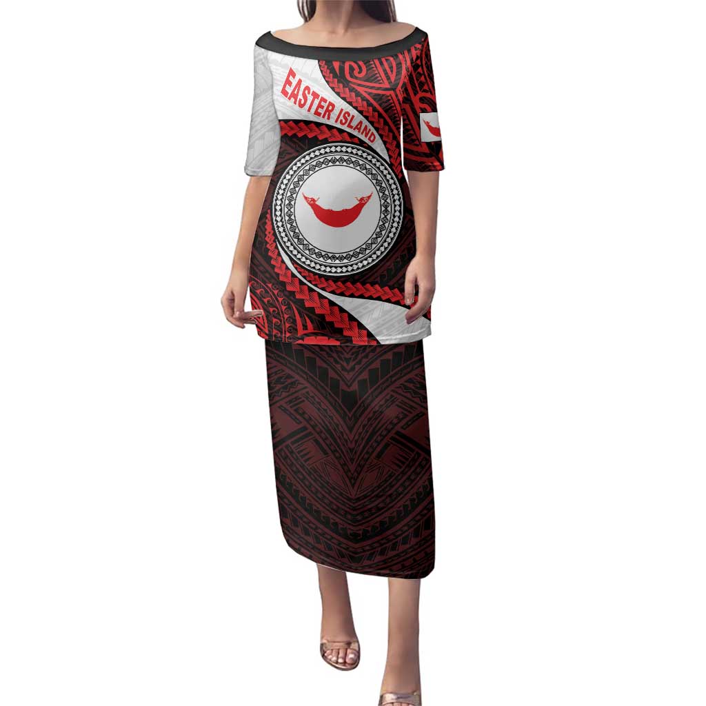 Easter Island Family Matching Puletasi and Hawaiian Shirt Moai Statues Polynesian Style LT05 Mom's Dress Red - Polynesian Pride