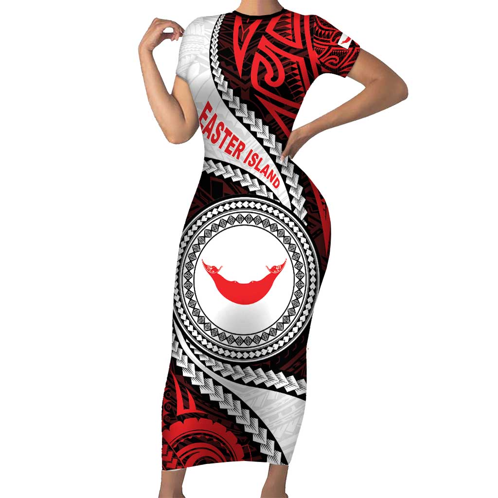 Easter Island Family Matching Short Sleeve Bodycon Dress and Hawaiian Shirt Moai Statues Polynesian Style LT05 Mom's Dress Red - Polynesian Pride