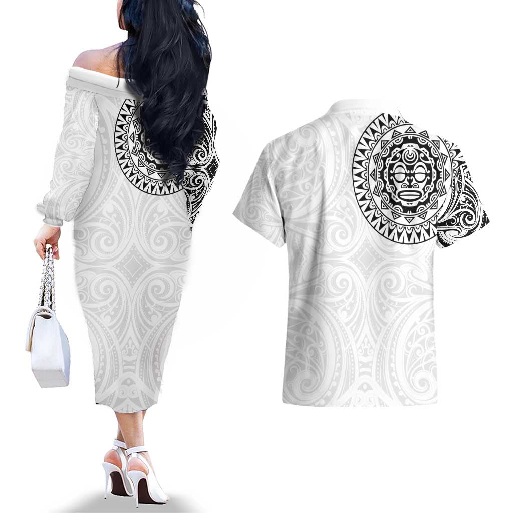 New Zealand Aotearoa Couples Matching Off The Shoulder Long Sleeve Dress and Hawaiian Shirt Maori Te Mata O Rongokako LT05 - Polynesian Pride