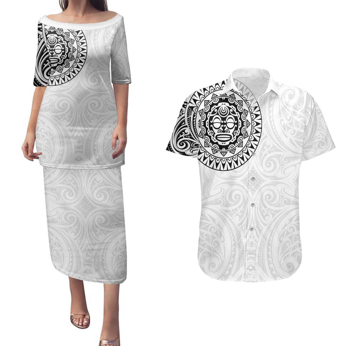 New Zealand Aotearoa Couples Matching Puletasi and Hawaiian Shirt Maori Te Mata O Rongokako LT05 White - Polynesian Pride