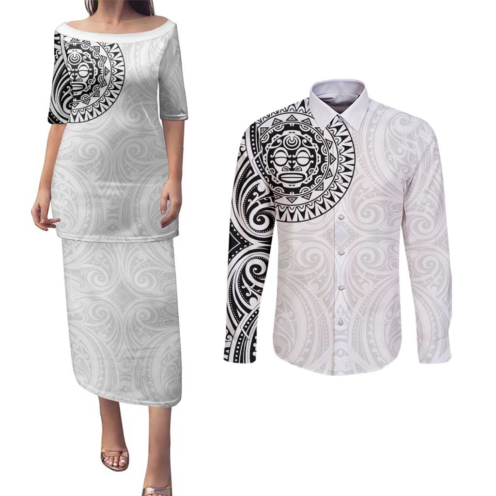 New Zealand Aotearoa Couples Matching Puletasi and Long Sleeve Button Shirt Maori Te Mata O Rongokako LT05 White - Polynesian Pride